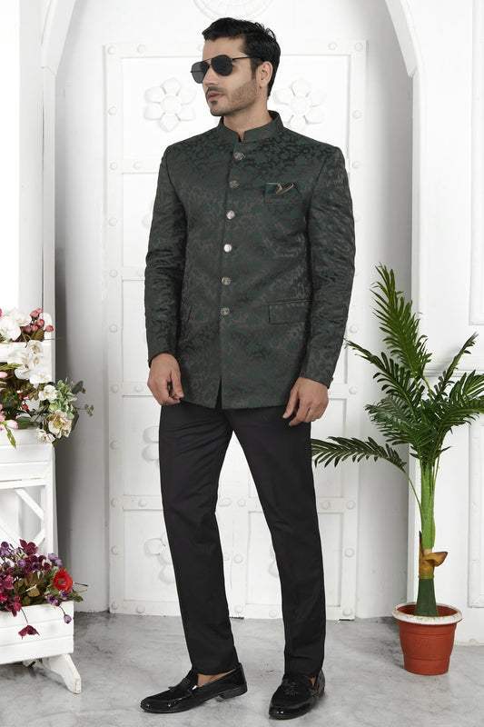 Thread Work Jacquard Silk Jodhpuri Suit In Dark Green Colour For Men