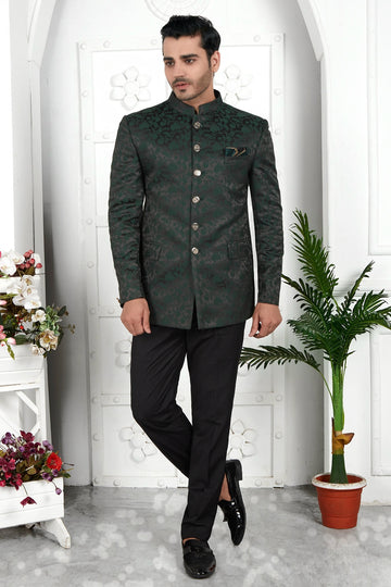 Thread Work Jacquard Silk Jodhpuri Suit In Dark Green Colour For Men