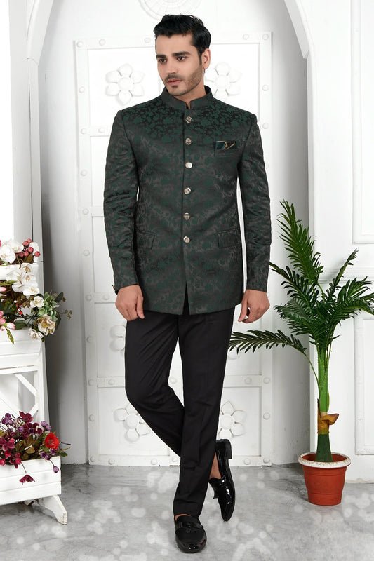 Thread Work Jacquard Silk Jodhpuri Suit In Dark Green Colour For Men