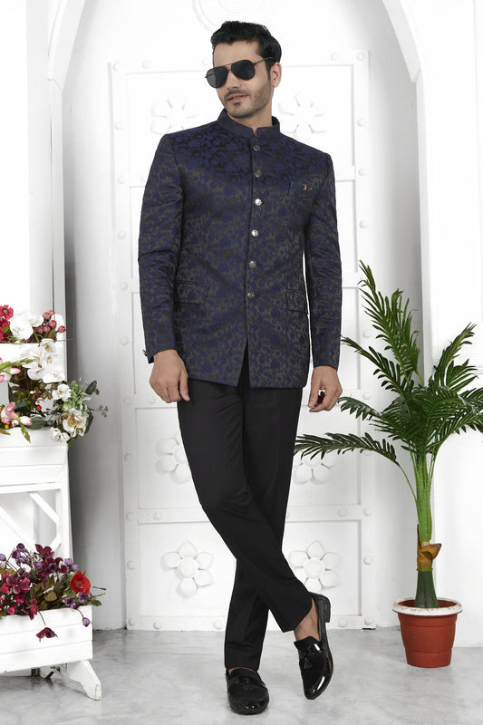 Thread Work Jacquard Silk Jodhpuri Suit In Navy Blue Colour For Men