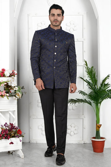 Thread Work Jacquard Silk Jodhpuri Suit In Navy Blue Colour For Men