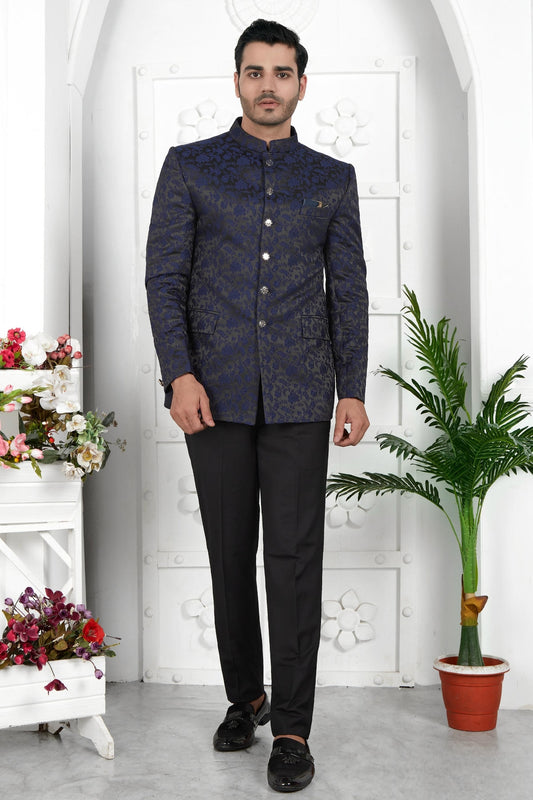 Thread Work Jacquard Silk Jodhpuri Suit In Navy Blue Colour For Men
