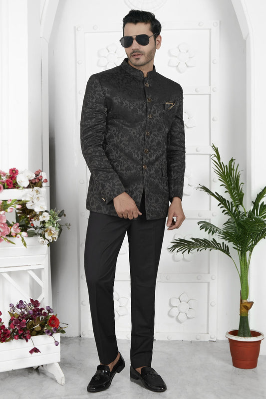 Thread Work Jacquard Silk Jodhpuri Suit In Black Colour For Men