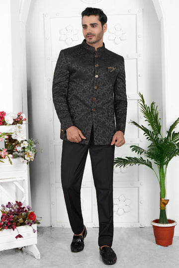 Thread Work Jacquard Silk Jodhpuri Suit In Black Colour For Men