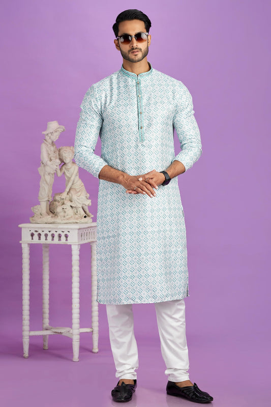 Semi Cotton Digital Print Pintux Work Kurta Pajama In Teal Green Colour