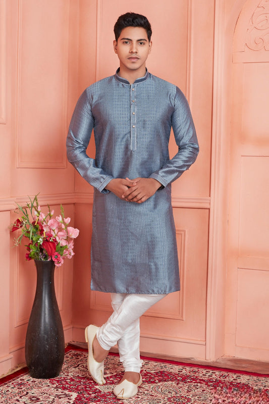 Jacquard Silk Brocade Pintux Work Kurta Pajama In Grey Colour