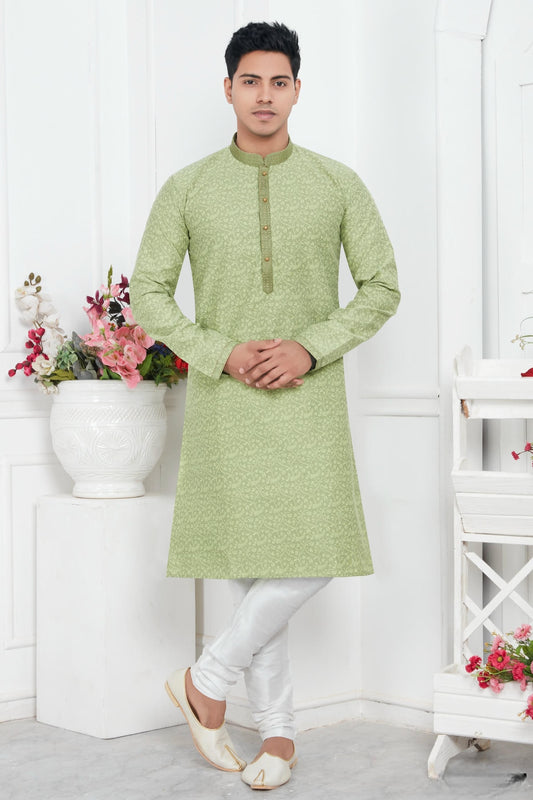 Jacquard Silk Brocade Pintux Work Kurta Pajama In Pista Green Colour