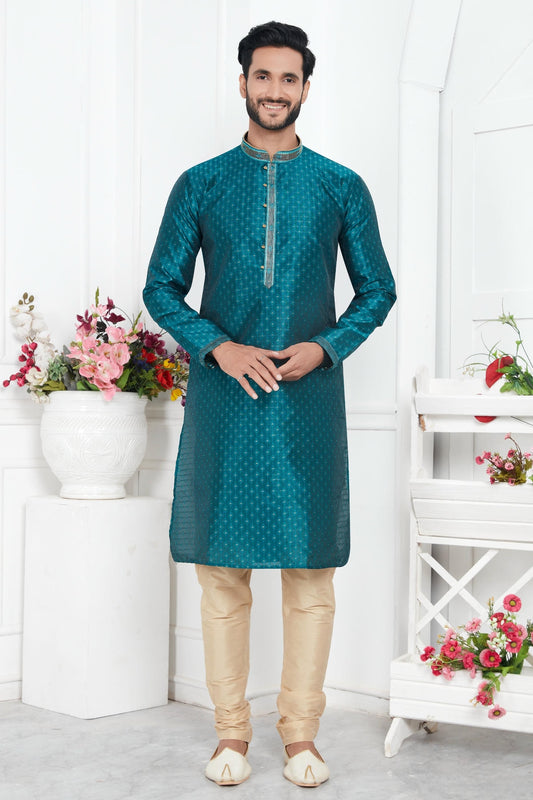 Jacquard Silk Brocade Pintux Work Kurta Pajama In Teal Green Colour