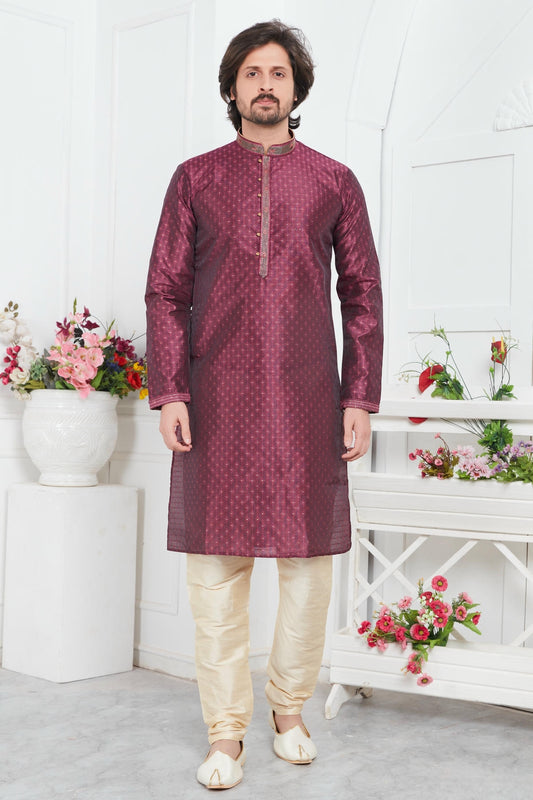 Jacquard Silk Brocade Pintux Work Kurta Pajama In Magenta Colour