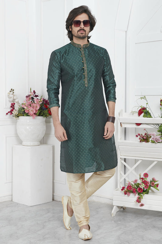 Jacquard Silk Brocade Pintux Work Kurta Pajama In Green Colour