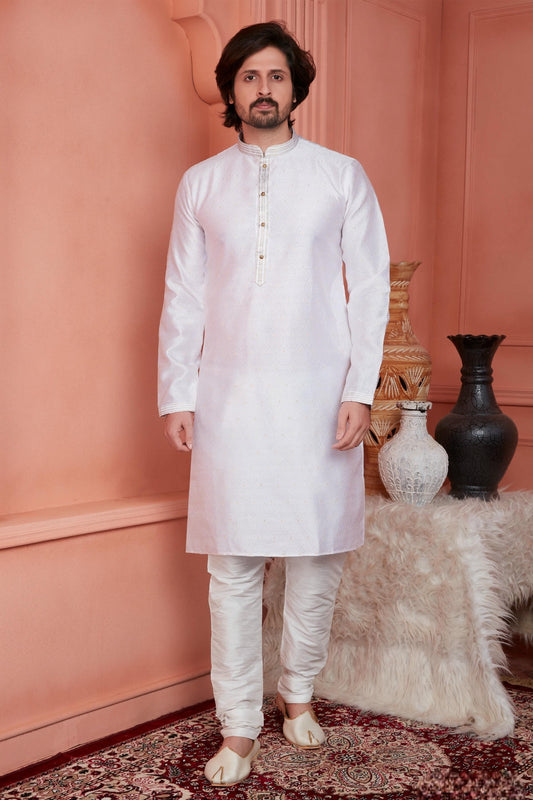 Jacquard Silk Brocade Pintux Work Kurta Pajama In Baby Pink Colour