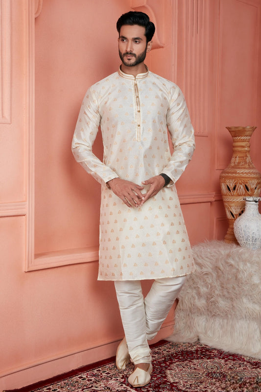 Jacquard Silk Brocade Pintux Work Kurta Pajama In Cream Colour