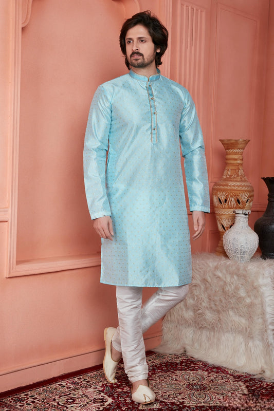 Jacquard Silk Brocade Pintux Work Kurta Pajama In Sky Blue Colour