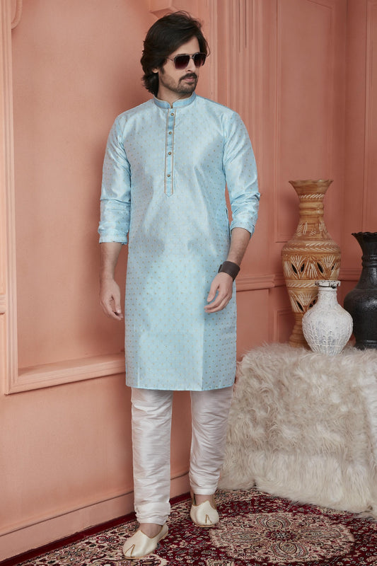 Jacquard Silk Brocade Pintux Work Kurta Pajama In Sky Blue Colour