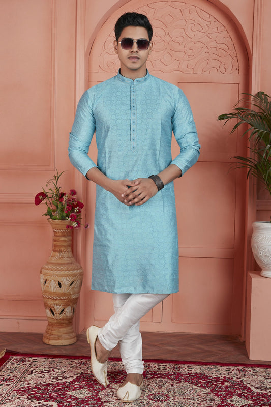 Jacquard Silk Brocade Pintux Work Kurta Pajama In Blue Colour