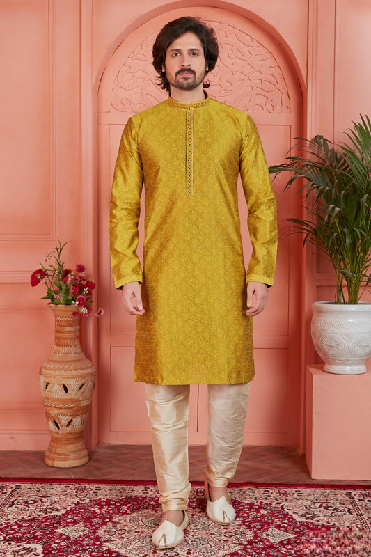 Jacquard Silk Brocade Pintux Work Kurta Pajama In Golden Colour