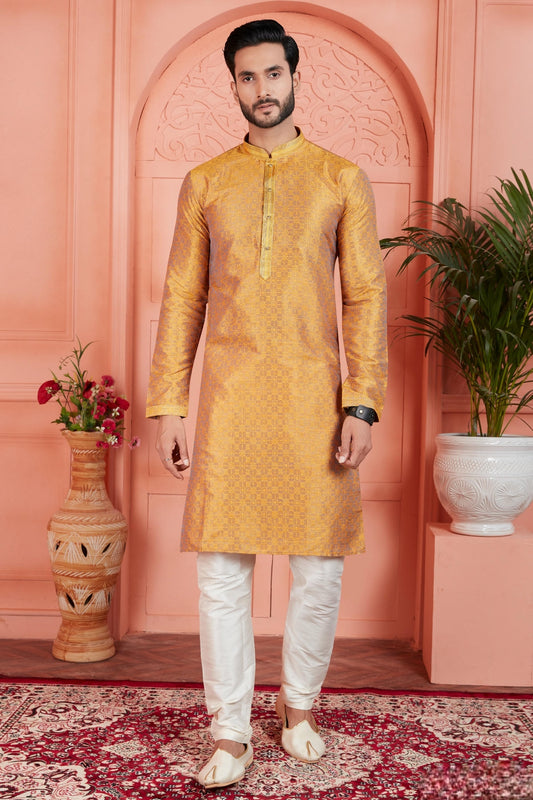 Jacquard Silk Brocade Pintux Work Kurta Pajama In Mustard Colour