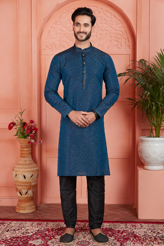 Jacquard Silk Brocade Pintux Work Kurta Pajama In Teal Blue Colour