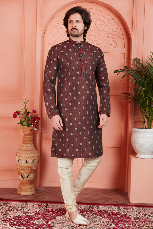 Jacquard Silk Brocade Pintux Work Kurta Pajama In Maroon Colour