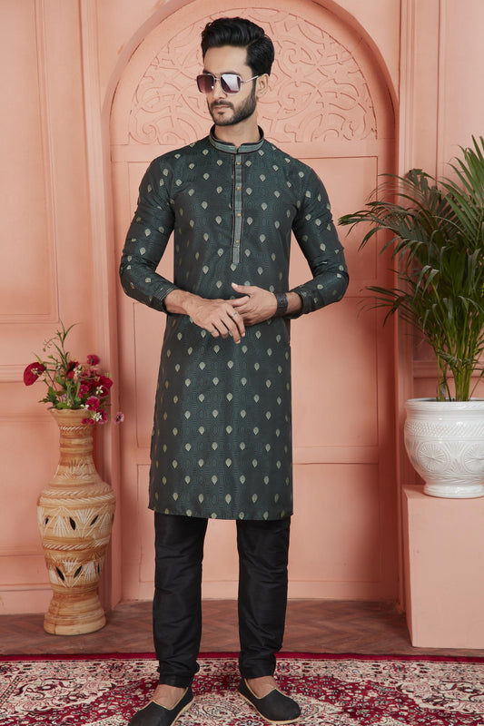 Jacquard Silk Brocade Pintux Work Kurta Pajama In Teal Green Colour