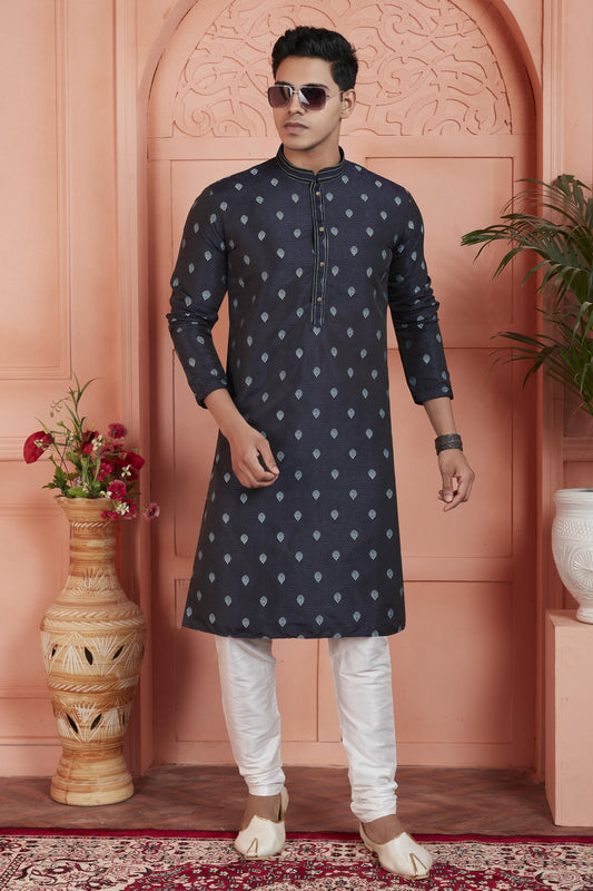 Jacquard Silk Brocade Pintux Work Kurta Pajama In Navy Blue Colour