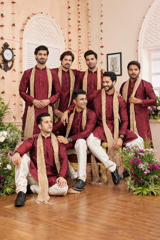 Art Silk Wine Colour Kurta Pajama With Stole
