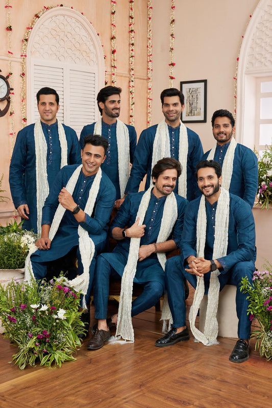 Art Banarasi Silk Teal Blue Colour Kurta Pajama With Stole