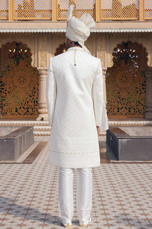 Art Silk Hand and Thread Embroidery Work Sherwani In Cream Colour