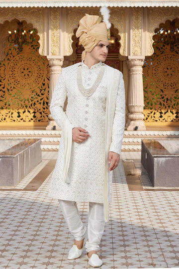Art Silk Hand and Thread Embroidery Work Sherwani In Cream Colour