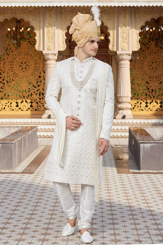 Art Silk Hand and Thread Embroidery Work Sherwani In Cream Colour