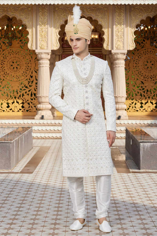 Art Silk Hand and Thread Embroidery Work Sherwani In Cream Colour