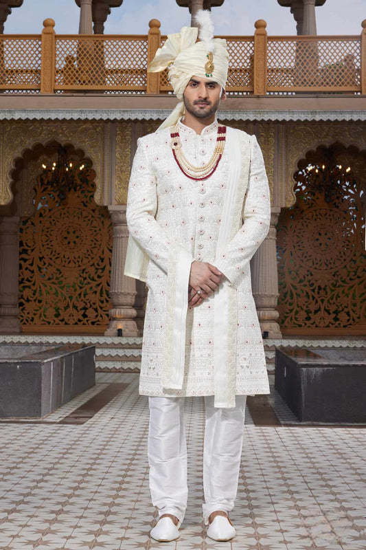 Art Silk Hand and Thread Embroidery Work Sherwani In Cream Colour