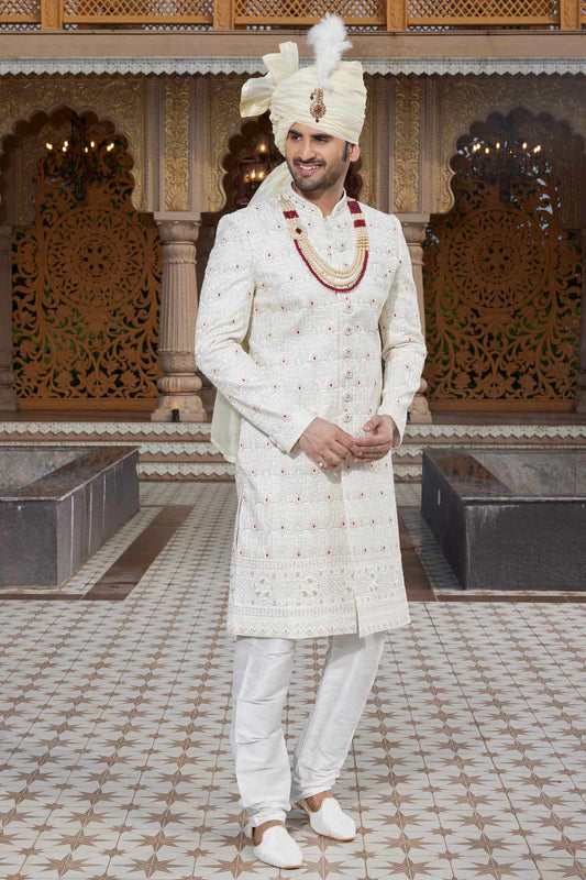Art Silk Hand and Thread Embroidery Work Sherwani In Cream Colour
