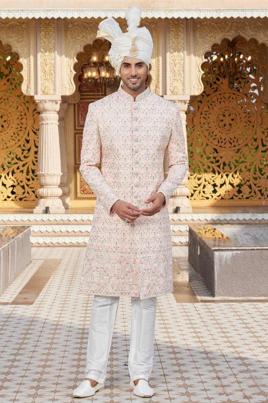 Art Silk Hand and Thread Embroidery Work Sherwani In Peach Colour