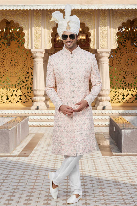 Art Silk Hand and Thread Embroidery Work Sherwani In Peach Colour