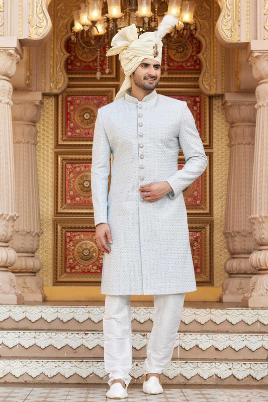 Art Silk Hand and Thread Embroidery Work Sherwani In Grey Colour