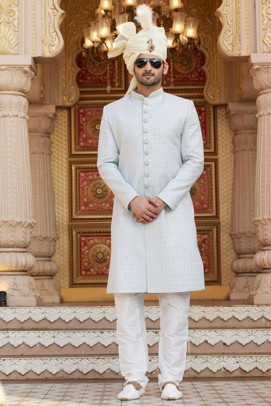 Art Silk Hand and Thread Embroidery Work Sherwani In Grey Colour