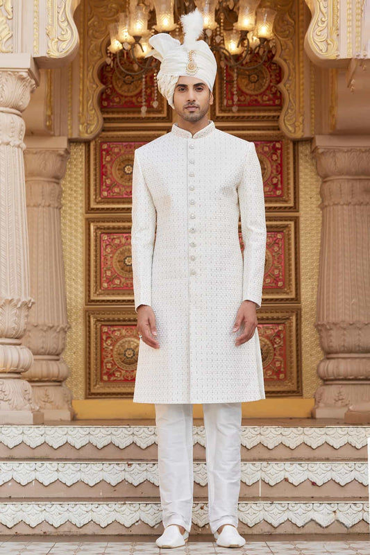 Art Silk Hand and Thread Embroidery Work Sherwani In Cream Colour
