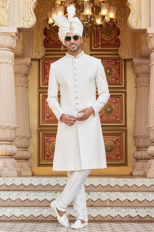 Art Silk Hand and Thread Embroidery Work Sherwani In Cream Colour