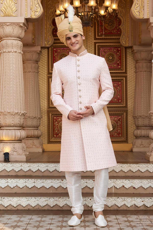 Art Silk Hand and Thread Embroidery Work Sherwani In Peach Colour