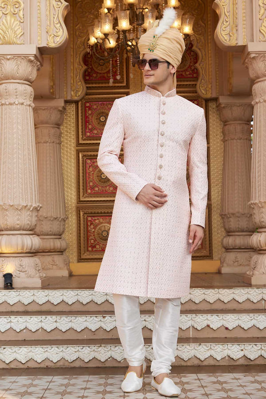 Art Silk Hand and Thread Embroidery Work Sherwani In Peach Colour