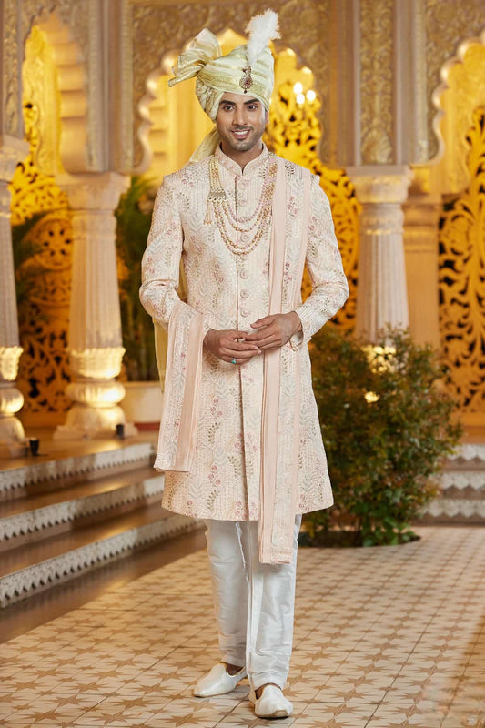 Art Silk Hand and Thread Embroidery Work Sherwani In Peach Colour