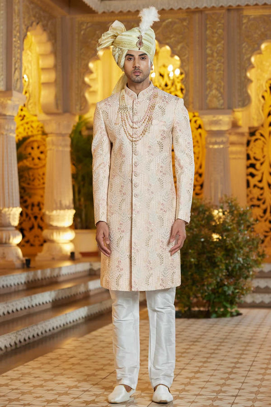 Art Silk Hand and Thread Embroidery Work Sherwani In Peach Colour