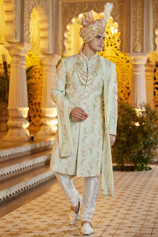 Art Silk Hand and Thread Embroidery Work Sherwani In Pista Freen Colour