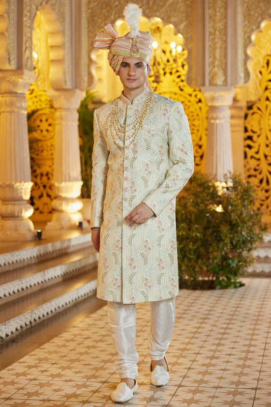 Art Silk Hand and Thread Embroidery Work Sherwani In Pista Freen Colour