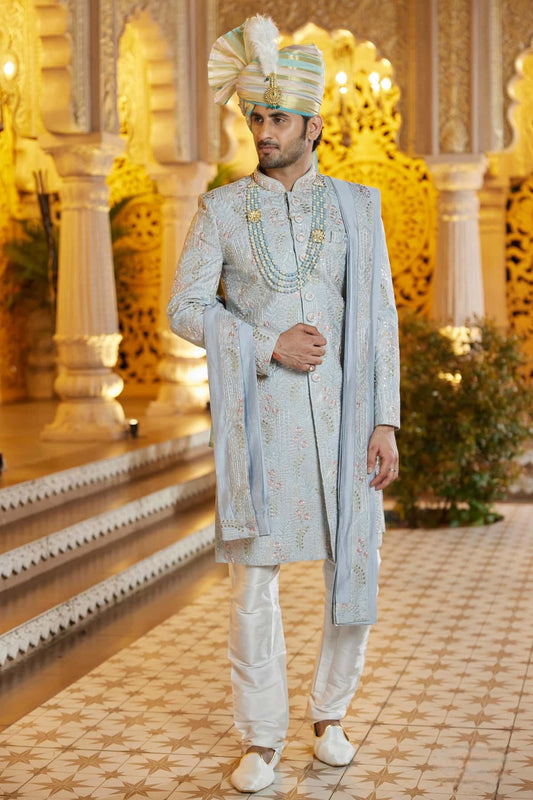 Art Silk Hand and Thread Embroidery Work Sherwani In Grey Colour