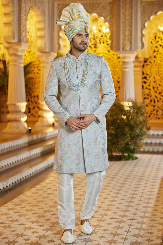 Art Silk Hand and Thread Embroidery Work Sherwani In Grey Colour
