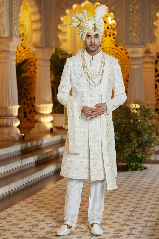 Art Silk Hand and Thread Embroidery Work Sherwani In Cream Colour
