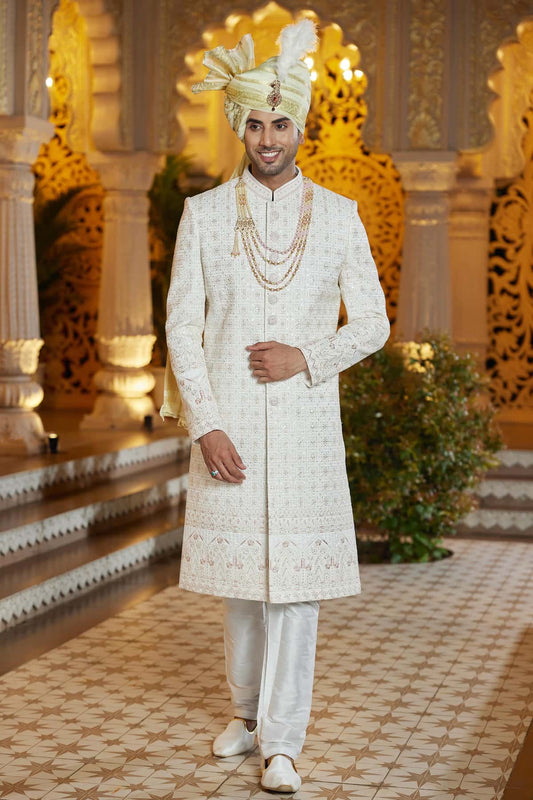 Art Silk Hand and Thread Embroidery Work Sherwani In Cream Colour