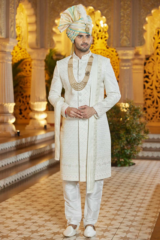 Art Silk Hand and Thread Embroidery Work Sherwani In Cream Colour
